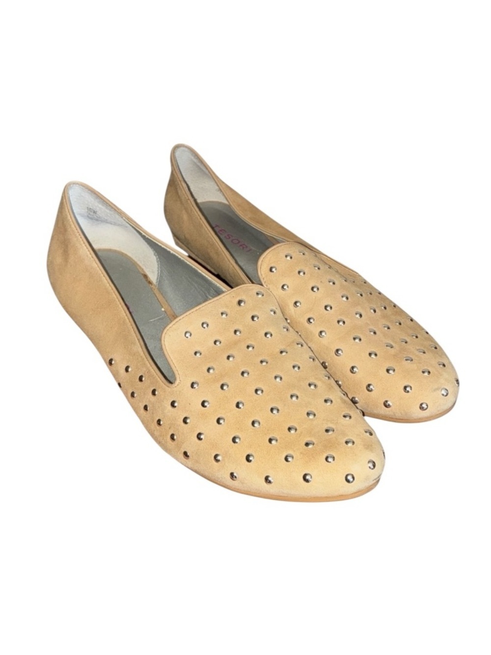 TESORI Loafers Women's, 10 Tan Suede Leather, EUC, Slip-On Flats, Silver Studs.